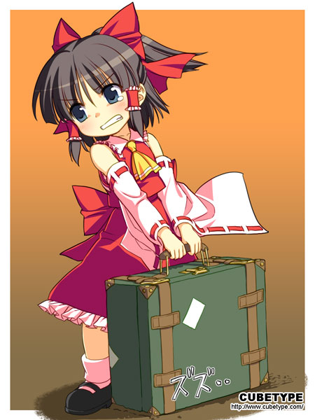 yuuki keisuke, hakurei reimu, touhou, luggage, 1girl, blue eyes, brown hair, carrying, clenched teeth, detached sleeves, female focus, japanese clothes, miko, solo, suitcase, teardrop, teeth