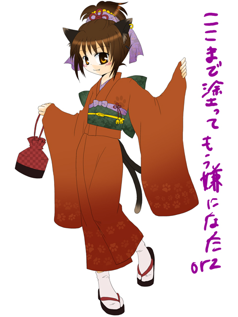 fukamineyumia, mirei yumia, chen, touhou, bad id, bad pixiv id, translation request, 1girl, animal ears, brown hair, cat ears, cat girl, cat tail, earrings, female focus, japanese clothes, jewelry, sandals, solo, tail, yellow eyes, zouri