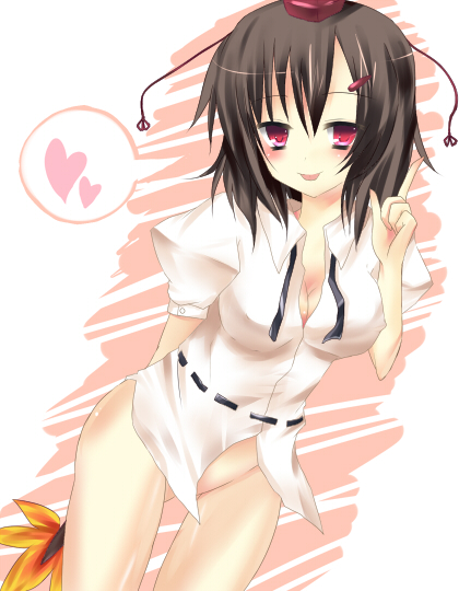 hane riu, shameimaru aya, touhou, bad id, bad pixiv id, 1girl, :p, blush, breasts, cleavage, female focus, hat, heart, looking at viewer, no panties, open mouth, smile, solo, tongue, tongue out