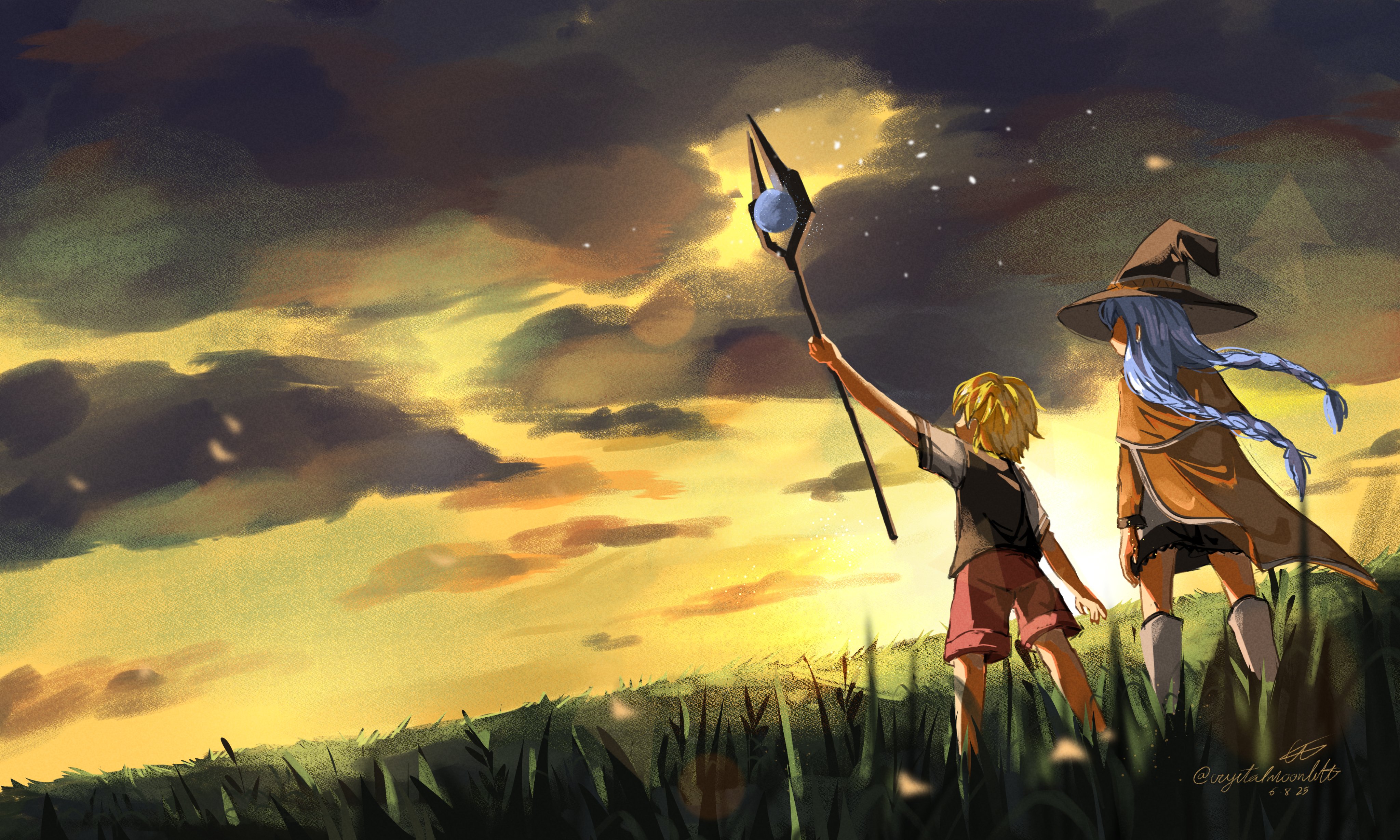 crystalmoonlitt, roxy migurdia, rudeus greyrat, mushoku tensei, absurdres, highres, 1boy, 1girl, arm up, blue hair, braid, brown hair, casting spell, cloud, cloudy sky, from behind, grass, hat, mage staff, outdoors, sky, staff, sunset, twin braids, witch hat