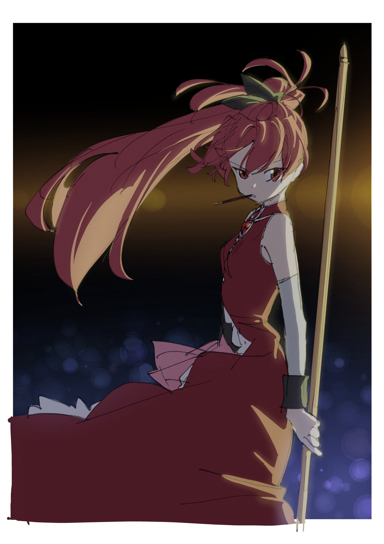 ikezawa shin, sakura kyoko, mahou shoujo madoka magica, mahou shoujo madoka magica (anime), highres, 1girl, breasts, cityscape, dress, food, gem, magical girl, pocky, polearm, ponytail, red dress, red hair, small breasts, spear, weapon