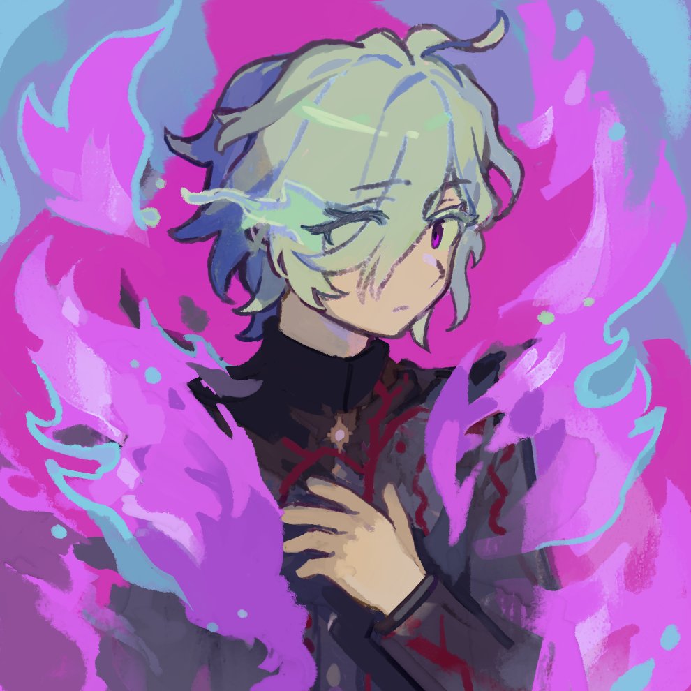 shion (hundred line), the hundred line -last defense academy-, commentary, commission, english commentary, second-party source, 1boy, black jacket, fire, gakuran, grey hair, hair over one eye, hand on own chest, jacket, looking at viewer, male focus, pink eyes, pink fire, raspberrybell, school uniform, short hair, solo, upper body