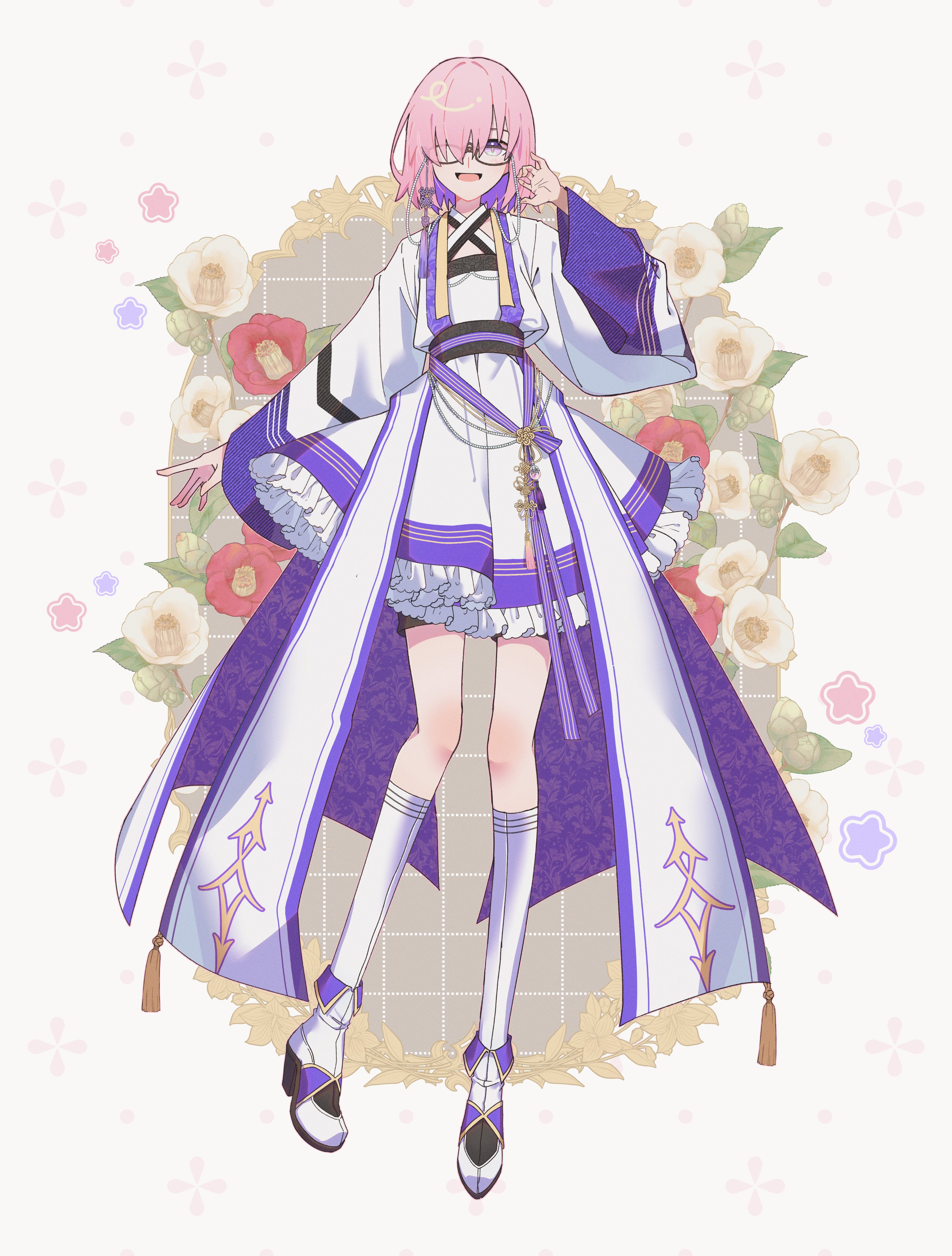 mash kyrielight, fate/grand order, fate (series), absurdres, highres, 1girl, alternate costume, arm up, cape, chima (clothes), colored inner hair, criss-cross halter, eyewear strap, floral background, frills, frog illust, full body, gathers, grin, halterneck, hanbok, jeogori (clothes), korean clothes, long sleeves, looking at viewer, low wings, multicolored hair, obi, pink hair, purple eyes, round eyewear, sash, skirt, smile, solo, tassel, wide sleeves, wings