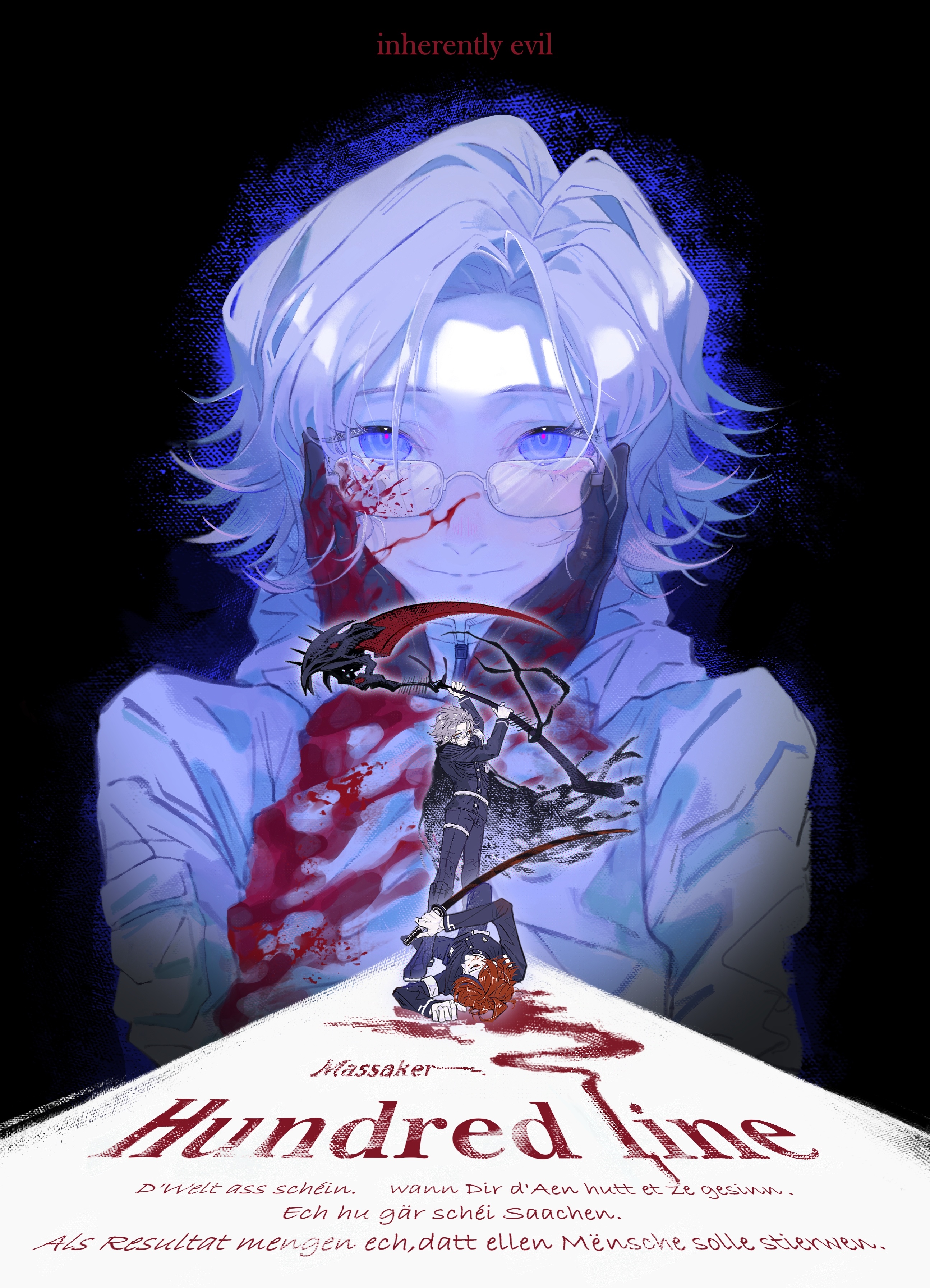 aotsuki eito, sumino takumi, the hundred line -last defense academy-, absurdres, chinese commentary, commentary request, highres, spoilers, translation request, 2boys, ahoge, armband, belt, black boots, black cape, black gloves, black hair, black jacket, black pants, blood, blood on clothes, blood on eyewear, blood on face, blue eyes, boots, buttons, cape, closed eyes, closed mouth, copyright name, drawstring, english text, eyelashes, gakuran, glasses, gloves, grey hair, hands on own cheeks, hands on own face, high collar, holding, holding scythe, holding sword, holding weapon, jacket, last defense academy school uniform, long sleeves, luxembourgish text, lying, male focus, multicolored hair, multiple boys, on back, pants, red hair, school uniform, scythe, short hair, smile, streaked hair, sword, thigh strap, two-tone hair, weapon, white armband, white belt, white gloves, white jacket, yungu781, zipper pull tab