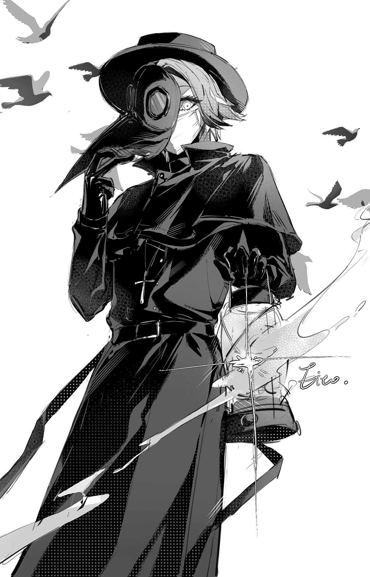 aotsuki eito, the hundred line -last defense academy-, chinese commentary, commentary request, highres, 1boy, alternate costume, belt, bird, character name, chi bu92189, coat, glint, greyscale, hat, hatching (texture), holding, holding lantern, lantern, looking at viewer, male focus, mask, monochrome, mouth mask, plague doctor mask, short hair, solo