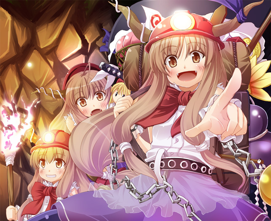 nekonote (nekono paraiso), ibuki suika, shanghai doll, touhou, 3girls, brown eyes, brown hair, chain, clone, fangs, female focus, gourd, hand fan, hard hat, helmet, multiple girls, ribbon, sword, torch, triangular headpiece, weapon