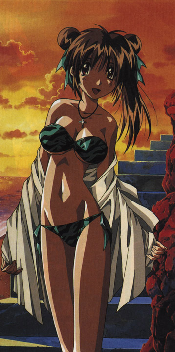 shichigusa nanako, nanako kaitai shinsho, 1990s (style), 1girl, bare shoulders, beach, bikini, blush, breasts, brown eyes, brown hair, cross, cross necklace, double bun, female focus, hair bun, hair ribbon, jewelry, large breasts, long hair, looking at viewer, navel, necklace, open mouth, outdoors, panties, retro artstyle, ribbon, short hair, side-tie bikini bottom, side-tie panties, sky, smile, solo, stairs, sunset, swimsuit, tan, underboob, underwear, undressing