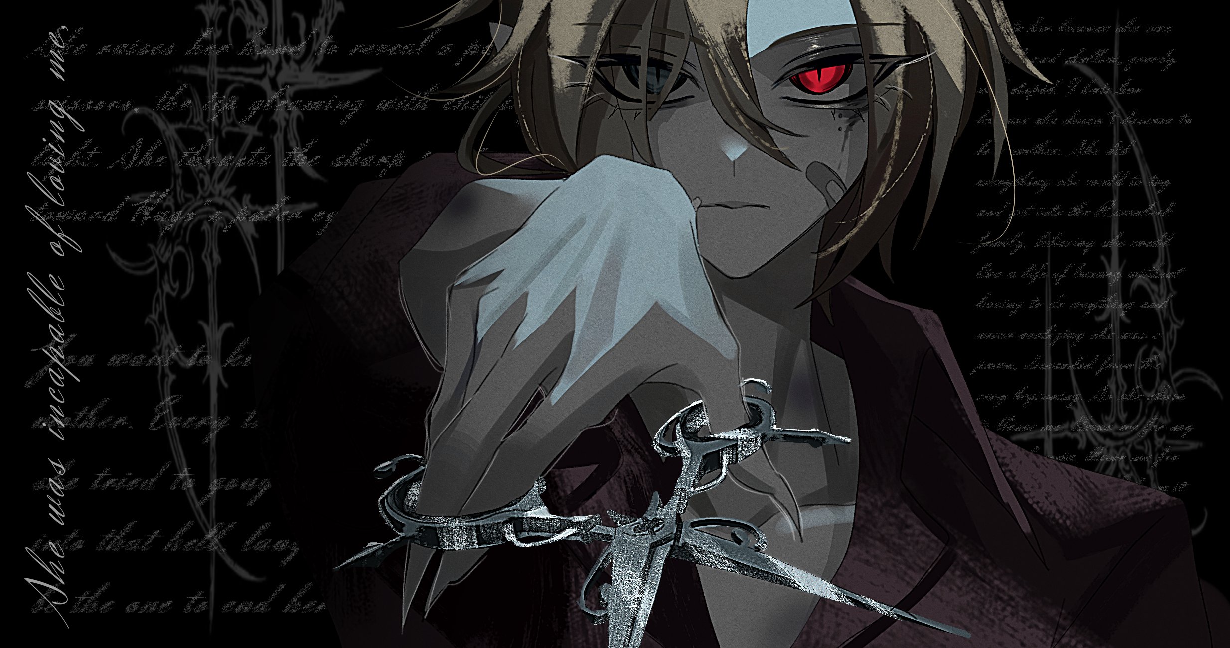 hugo vlad, zenless zone zero, commentary, english commentary, highres, 0w0 back, 1boy, bandaid, bandaid on face, black background, blonde hair, bruise, bruise on neck, closed mouth, collarbone, english text, fingernails, grey eyes, hair between eyes, hair over one eye, heterochromia, holding, holding scissors, injury, long fingernails, looking at viewer, male focus, mole, mole under eye, partially unbuttoned, pectorals, pointy ears, purple shirt, red eyes, scissors, shirt, solo