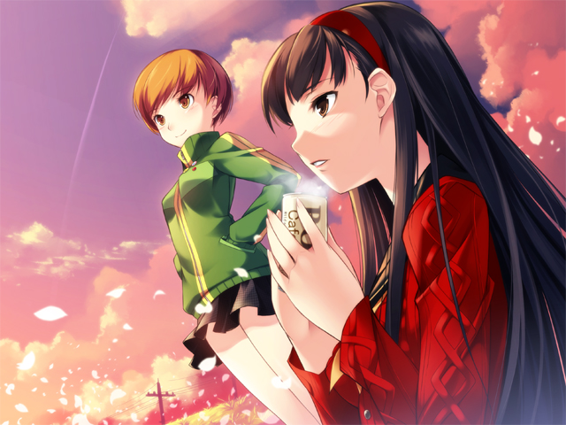 yashima takahiro, amagi yukiko, satonaka chie, atlus, persona, persona 4, coffee, hairband, short hair, tomboy