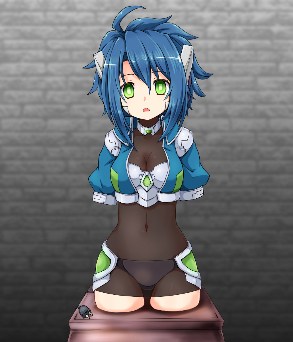 huyusilver, emil chronicle online, highres, 1girl, ahoge, amputee, android, blue hair, blue jacket, bodysuit, breasts, cleavage, collar, covered navel, electrical outlet, empty eyes, expressionless, green eyes, jacket, lili (eco), medium breasts, metal collar, open mouth, panties under bodysuit, quadruple amputee, robot ears, solo, spiked hair, thighs