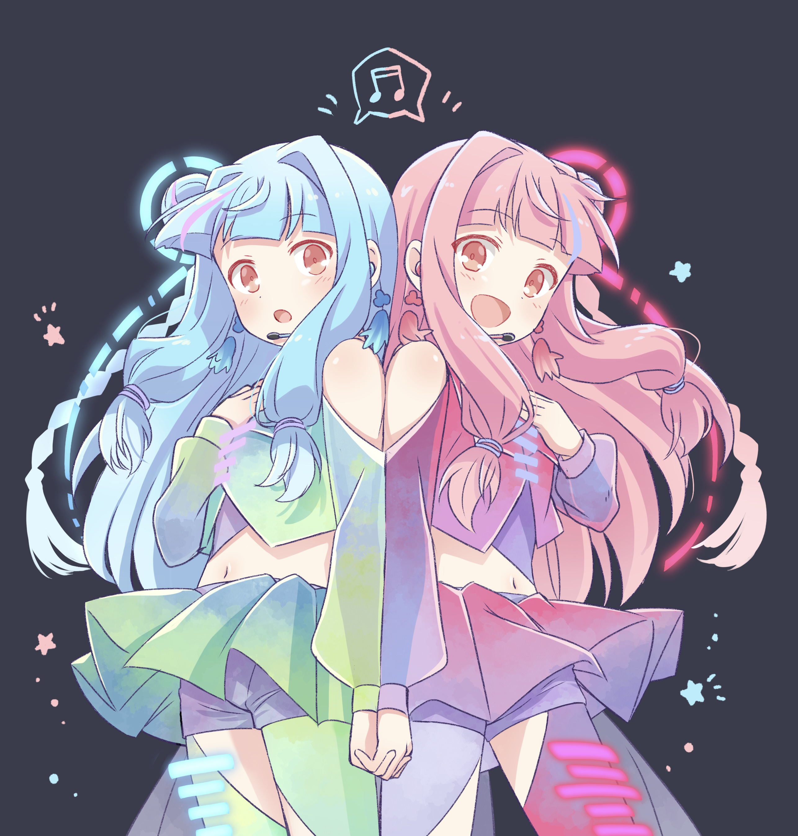 x3 xy3 (jtsu4377), kotonoha akane, kotonoha aoi, voiceroid, absurdres, commentary, highres, symbol-only commentary, 2girls, :d, :o, bare shoulders, blue hair, blue thighhighs, blunt bangs, blush, cowboy shot, crop top, cropped shirt, green shirt, green thighhighs, holding hands, long hair, long sleeves, looking at viewer, midriff, multiple girls, navel, open mouth, pink hair, pink shirt, red eyes, shirt, siblings, sisters, smile, thighhighs