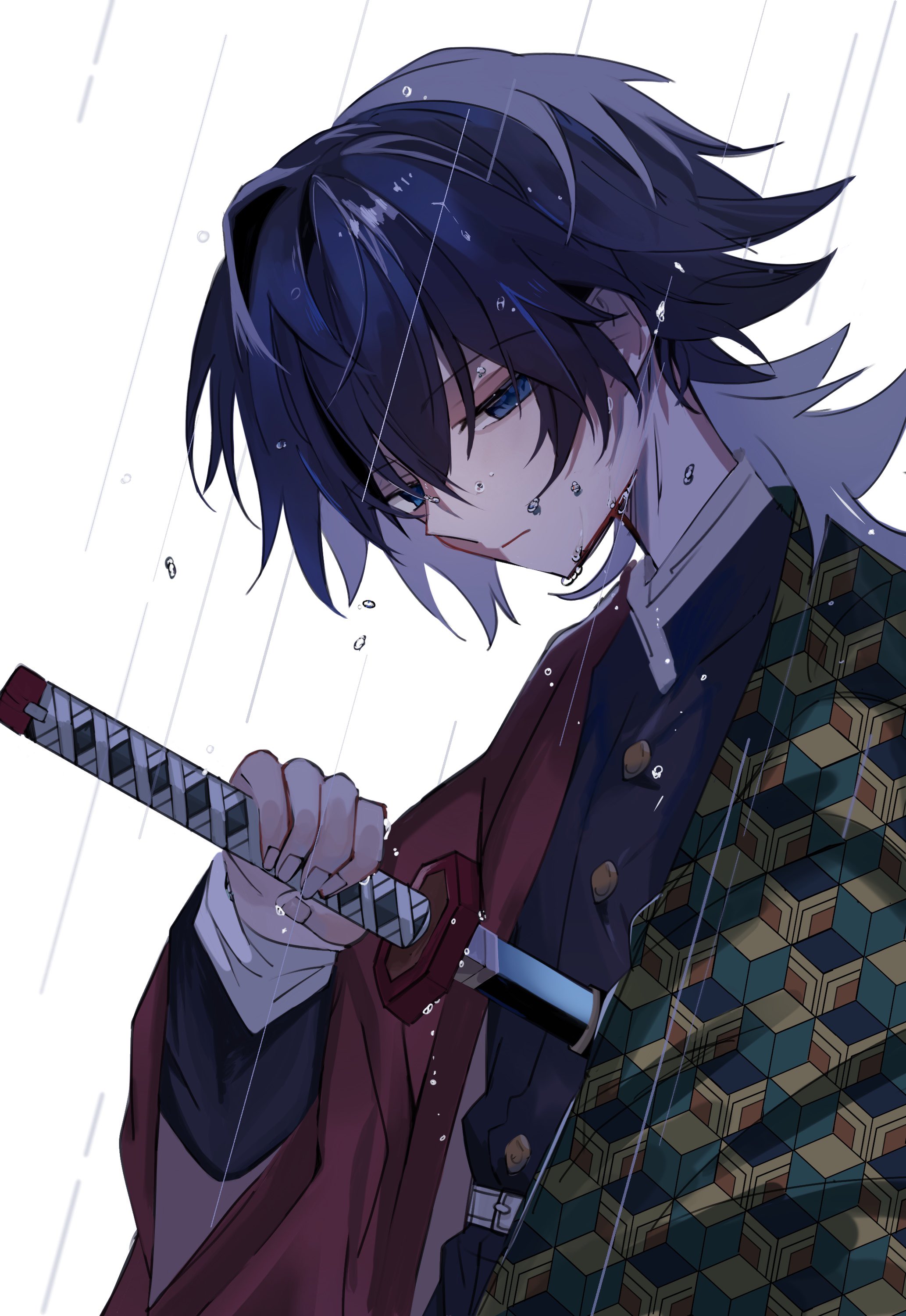 tomioka giyuu, kimetsu no yaiba, absurdres, highres, 0x0 co, 1boy, belt, black hair, black jacket, black pants, blue eyes, buttons, closed mouth, demon slayer uniform, gold buttons, half-closed eyes, haori, high collar, holding, holding sword, holding weapon, jacket, japanese clothes, katana, kikkoumon, low ponytail, male focus, pants, ponytail, print haori, rain, red haori, solo, spiked hair, sword, upper body, weapon, wet, white background, white belt