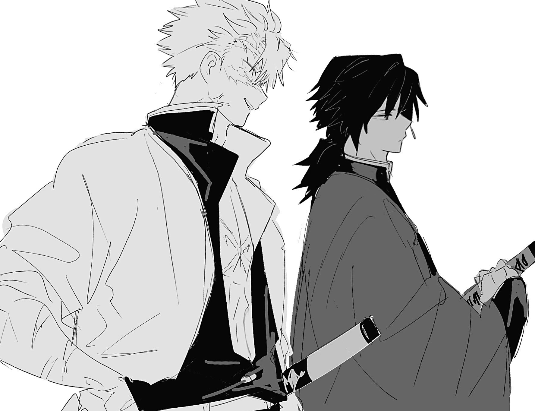shinazugawa sanemi, tomioka giyuu, kimetsu no yaiba, highres, 2boys, closed mouth, demon slayer uniform, greyscale, haori, high collar, holding, holding sword, holding weapon, jacket, japanese clothes, katana, male focus, monochrome, multiple boys, open clothes, open jacket, open mouth, profile, simple background, smile, sword, teeth, upper teeth only, weapon, white background, yamakadatoomota