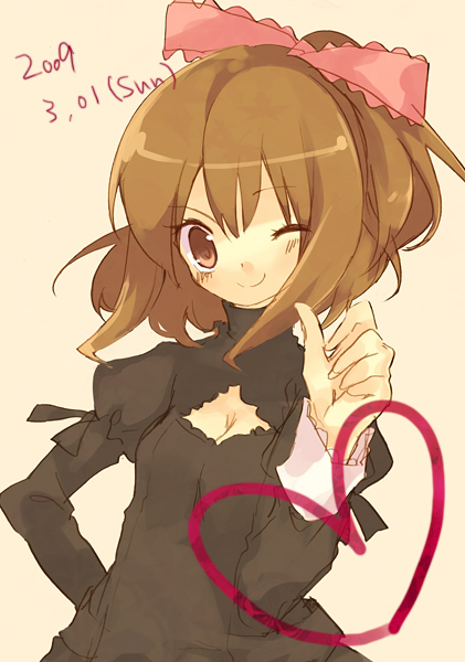 retei, original, 1girl, black dress, blush, bow, breasts, brown eyes, brown hair, cleavage, cleavage cutout, clothing cutout, dress, female focus, hair bow, head tilt, heart, long sleeves, looking at viewer, one eye closed, pink bow, small breasts, solo, wink