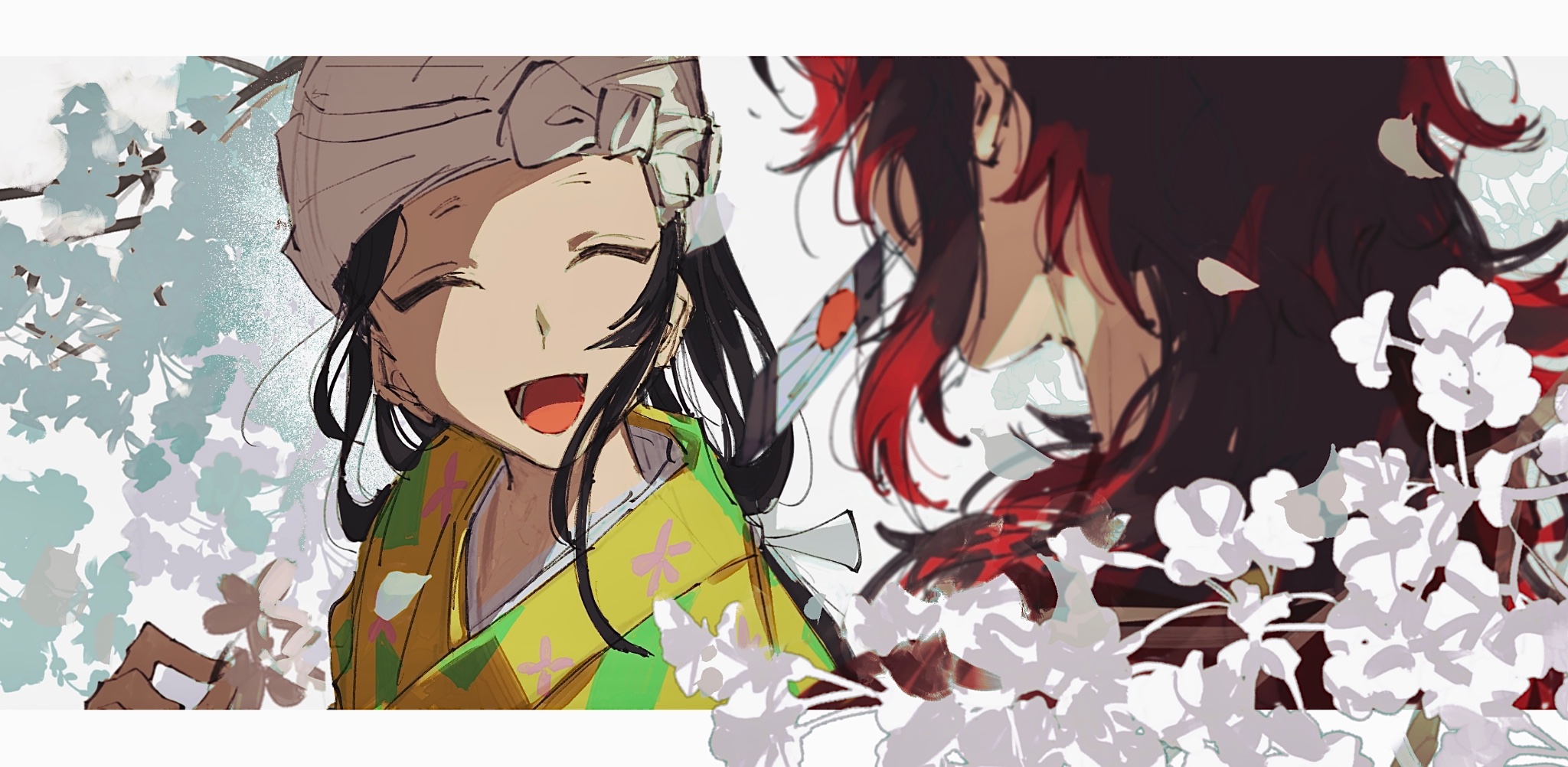 tamayo (kimetsu no yaiba), tsugikuni yoriichi, kimetsu no yaiba, highres, 1boy, 1girl, branch, earrings, floral print, flower, from behind, hanafuda earrings, haori, high ponytail, holding, holding flower, japanese clothes, jewelry, kimono, long hair, mvksdgvksymgw, open mouth, ponytail, red hair, red haori, smile, upper body, very long hair, white flower, yellow kimono