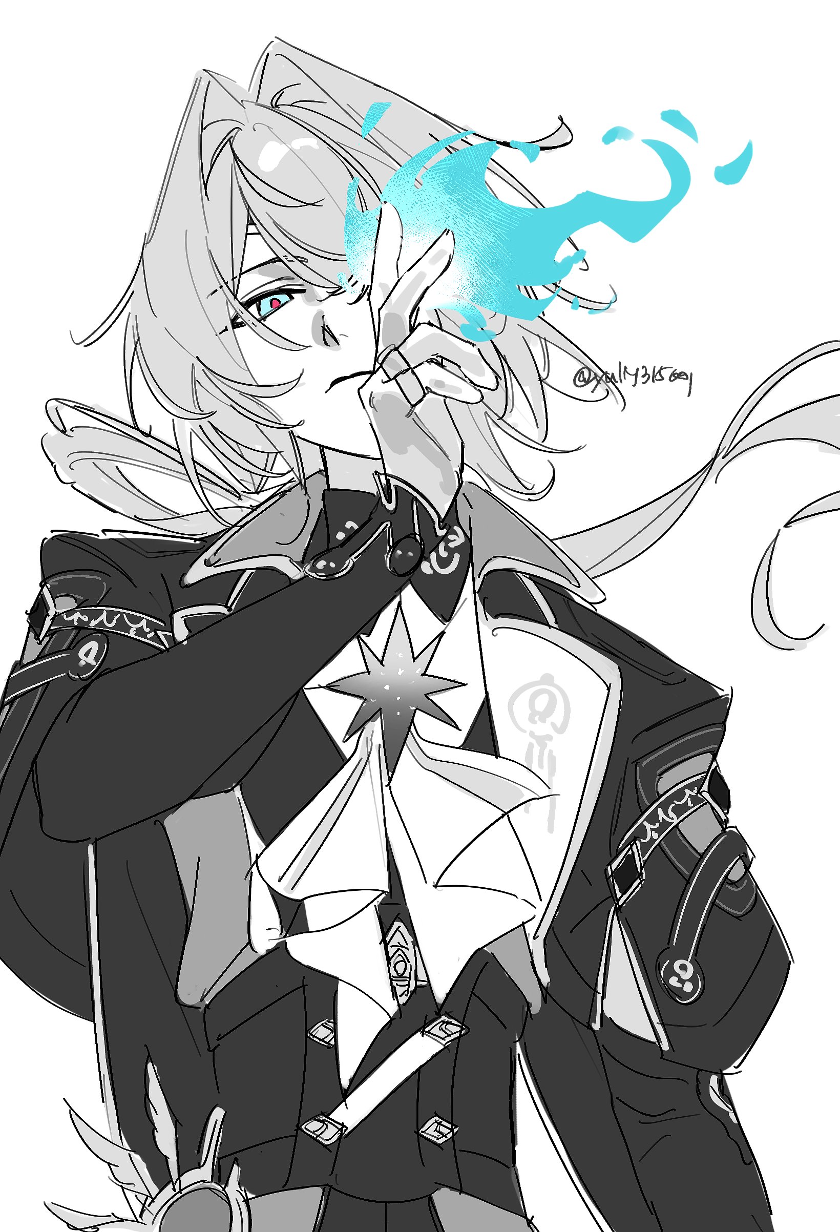 anaxa (honkai: star rail), honkai: star rail, honkai (series), absurdres, highres, 1boy, aqua eyes, ascot, chain, earrings, eyepatch, gem, greyscale, hair between eyes, hair intakes, hand up, jacket, jewelry, lapels, looking at viewer, male focus, mandarin collar, medium hair, monochrome, multiple rings, notched lapels, one eye covered, partially colored, pink pupils, red gemstone, ring, side ponytail, simple background, single earring, solo, twitter username, white background, yulm315001
