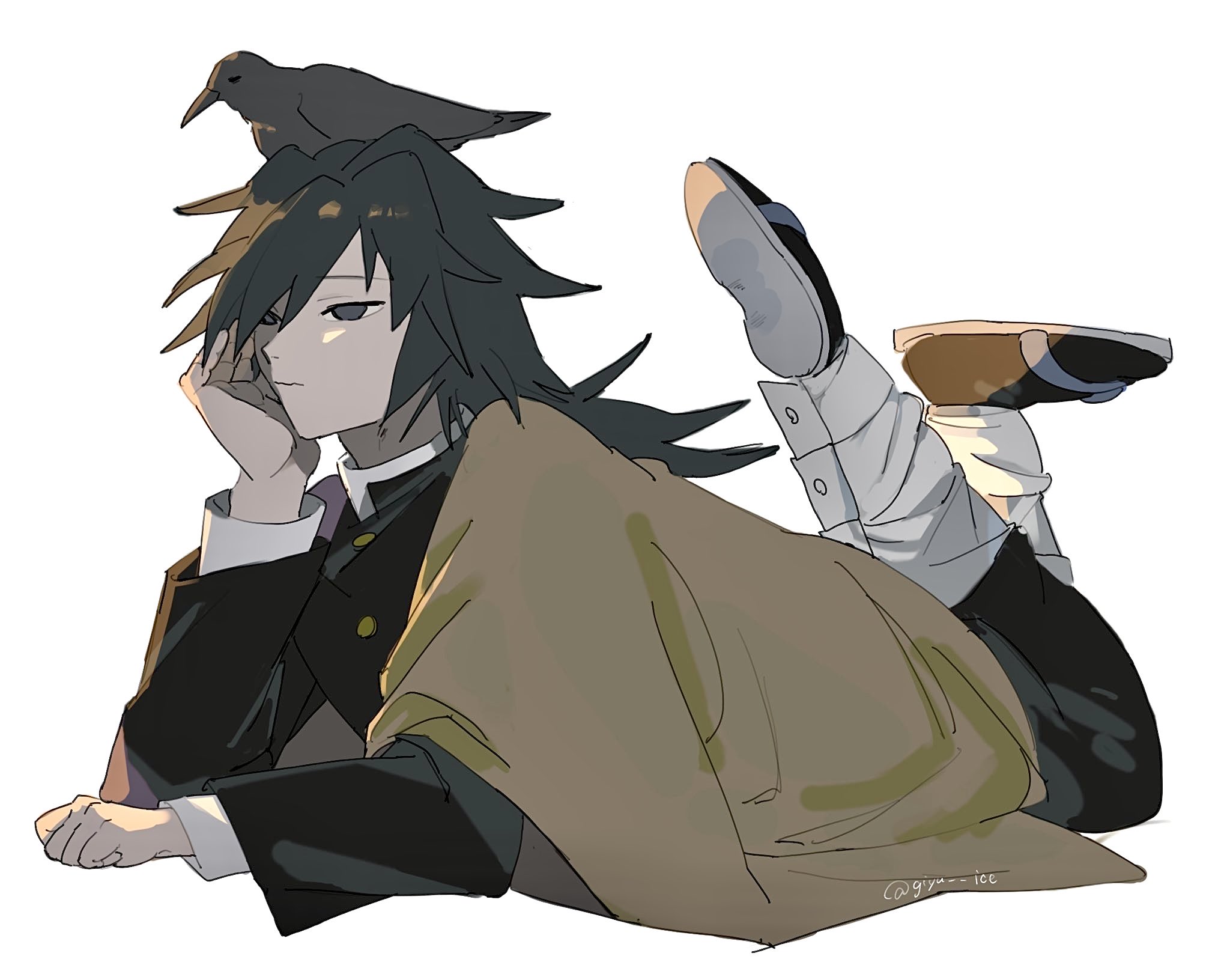 kanzaburou (kimetsu no yaiba), tomioka giyuu, kimetsu no yaiba, highres, 1boy, animal, animal on head, belt, bird, bird on head, black hair, black jacket, black pants, blue eyes, buttons, crow, demon slayer uniform, full body, giyu ice, gold buttons, haori, head rest, high collar, jacket, japanese clothes, katana, low ponytail, male focus, on head, pants, ponytail, red haori, simple background, solo, spiked hair, sword, twitter username, weapon, white background, white belt, yellow haori