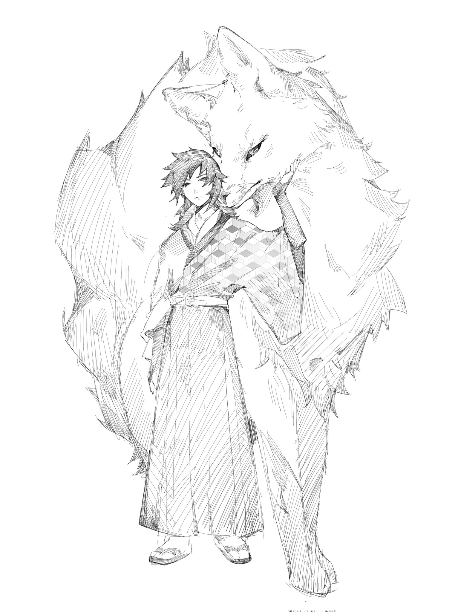 yee46820360, tomioka giyuu, kimetsu no yaiba, highres, 1boy, alternate costume, closed mouth, fox, full body, grey hair, hakama, hand up, japanese clothes, kikkoumon, kimono, long hair, male focus, print kimono, sandals, simple background, socks, solo, spiked hair, standing, white background, wide sleeves