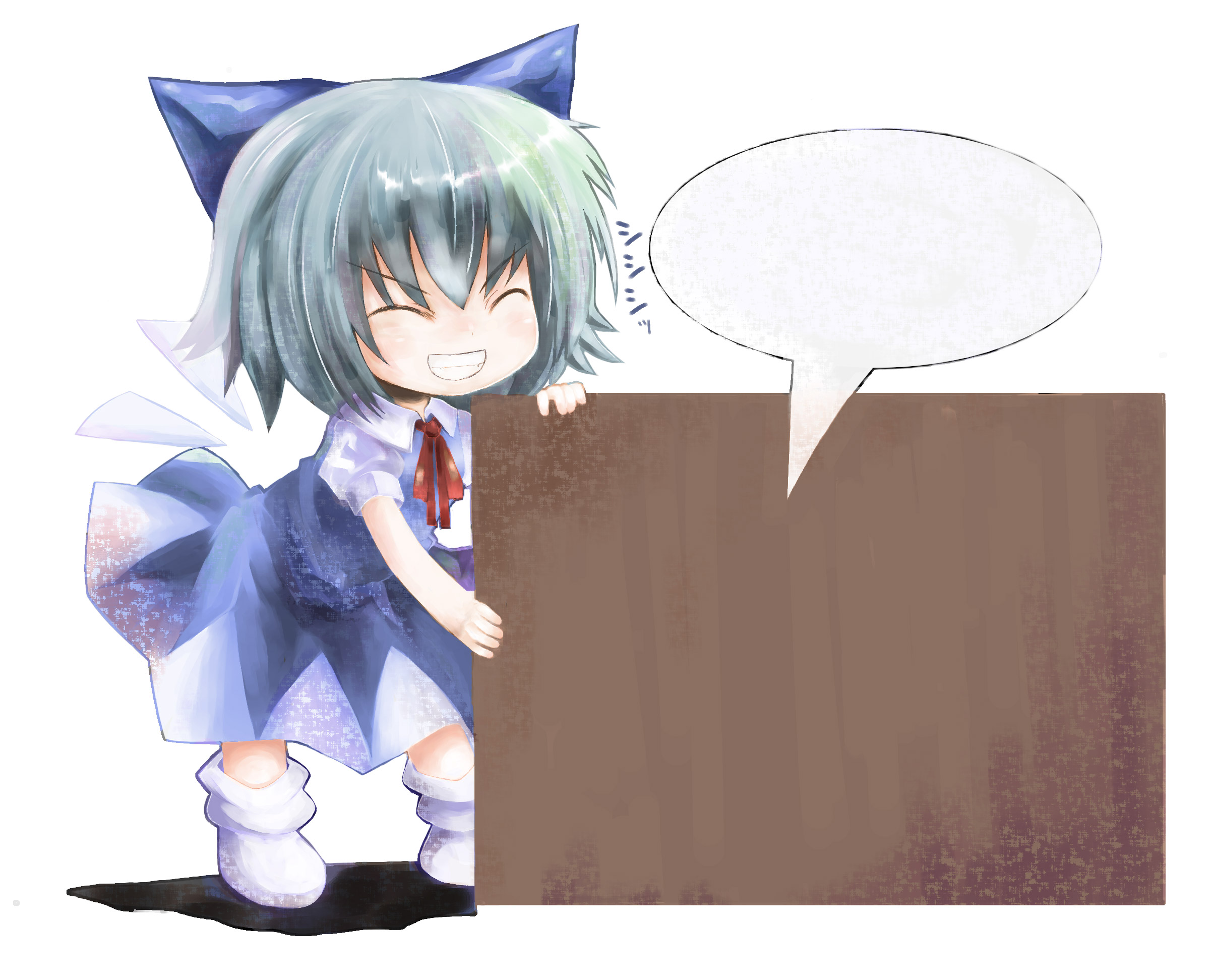 cirno, embodiment of scarlet devil, touhou, highres, 1girl, blank speech bubble, blue hair, female focus, solo, speech bubble
