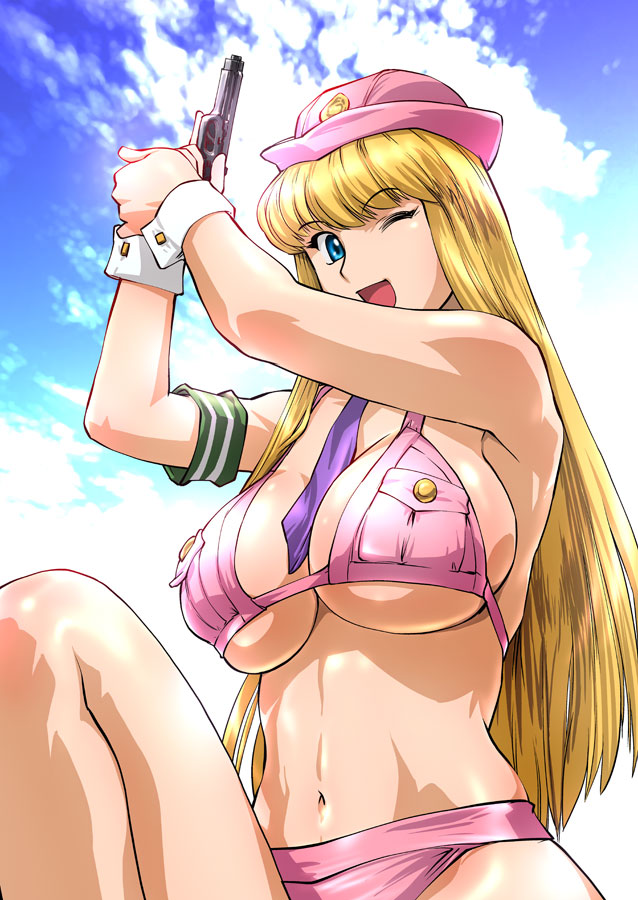 ueyama michirou, akimoto katherine reiko, kochikame, purple neckwear, 1girl, adapted costume, armband, bikini, bikini top only, blonde hair, blue eyes, breasts, cleavage, cloud, female focus, gun, handgun, hat, huge breasts, long hair, necktie, one eye closed, outdoors, pink bikini, pistol, police, police uniform, policewoman, sideboob, sky, smile, solo, swimsuit, underboob, weapon, wink, wrist cuffs