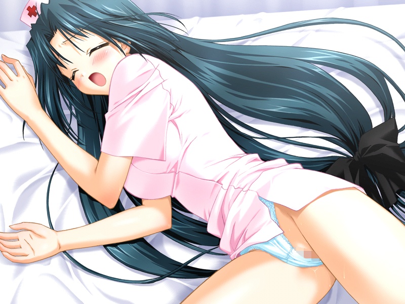 asaba yuu, tachibana natsume, colorful box, karakan, game cg, 1girl, bed, black hair, blush, breasts, censored, closed eyes, cross, cross print, dress, hat, large breasts, long hair, lying, moaning, nurse, nurse cap, on bed, open mouth, panties, pink dress, pink hat, print headwear, pussy, pussy juice, red cross, short sleeves, underwear, white panties