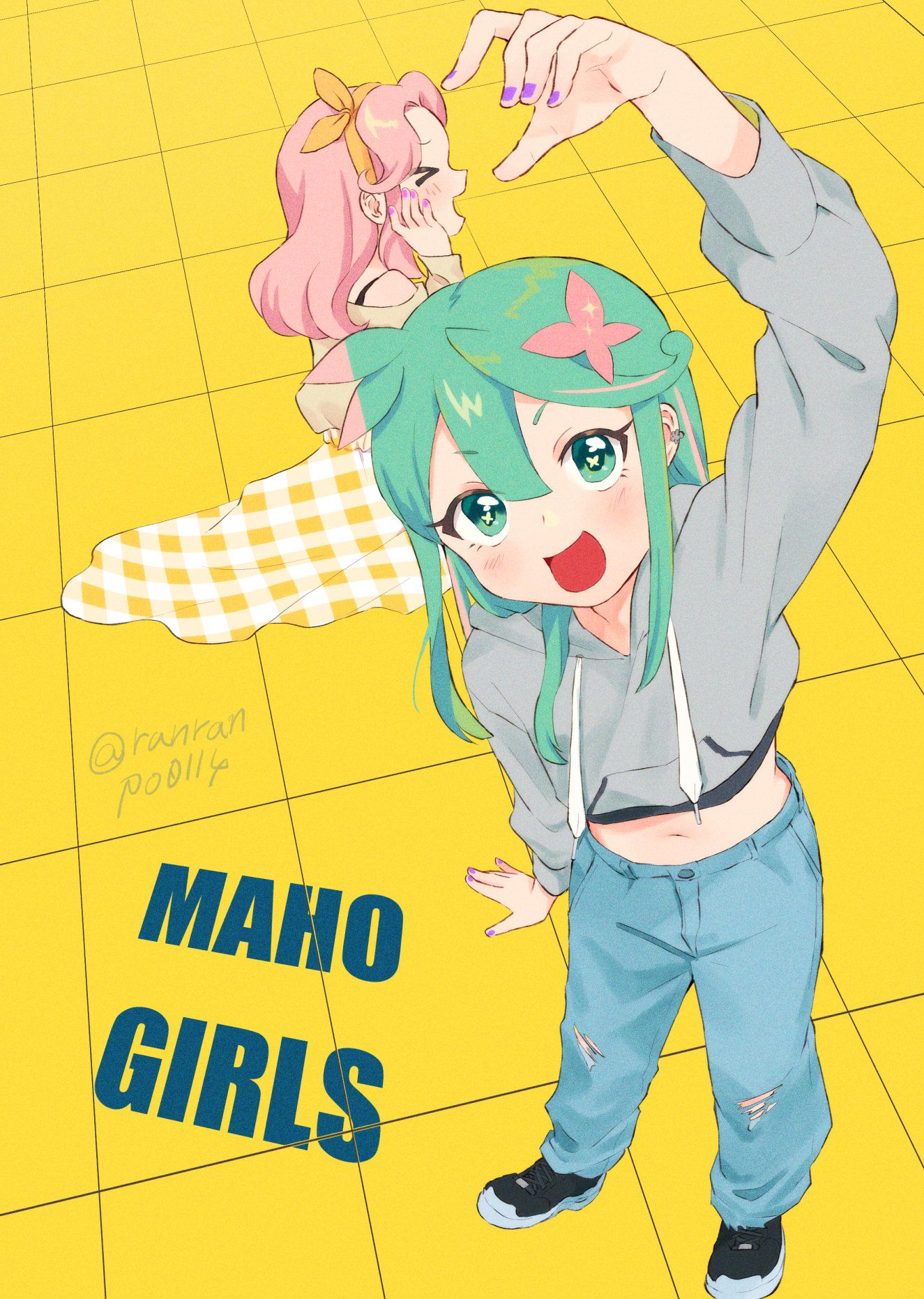 ranranpo0114, hanami kotoha, hisui (precure), mahou girls precure!, mahou girls precure!! mirai days, precure, highres, 2girls, aqua eyes, aqua hair, baggy pants, black shoes, blush, butterfly hair ornament, closed eyes, crop top, cropped hoodie, cutoff jeans, cutoffs, denim, dress, english text, grey hoodie, hair ornament, heart hands failure, hood, hoodie, jeans, looking at viewer, medium hair, multiple girls, open mouth, pants, pink hair, pink nails, plaid clothes, plaid dress, purple nails, shoes, twitter username, yellow background, yellow dress