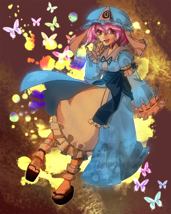 kotetu, tsurusaki yuu, saigyouji yuyuko, touhou, 1girl, bug, butterfly, female focus, full body, hat, japanese clothes, long sleeves, pink hair, smile, solo
