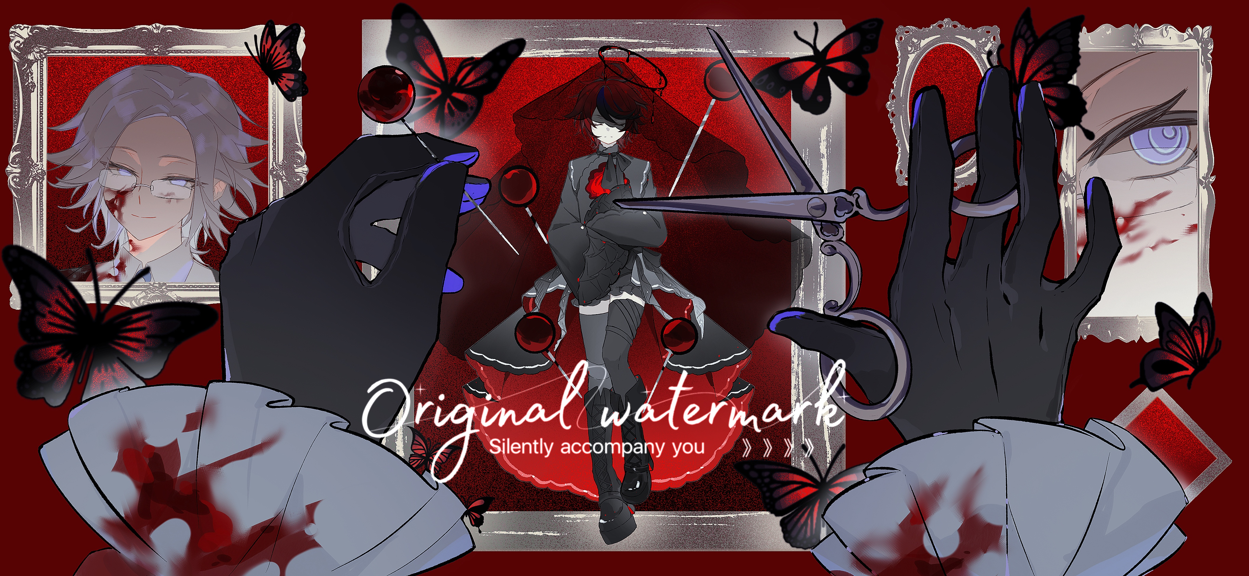 aotsuki eito, sumino takumi, the hundred line -last defense academy-, absurdres, chinese commentary, commentary request, commission, highres, 2boys, ahoge, black boots, black dress, black gloves, black streaks, black thighhighs, blood, blood halo, blood on clothes, blood on face, boots, bug, butterfly, closed eyes, collared shirt, crossdressing, crossdressing (mtf), dress, english text, glasses, gloves, grey hair, halo, holding, holding needle, holding scissors, insect, liquid halo, male focus, multicolored hair, multiple boys, needle, out of frame, portrait, pov, pov hands, purple eyes, red butterfly, red hair, scissors, shirt, short hair, streaked hair, thighhighs, tiaojinhailiduoyu609, veil, watermark, white shirt