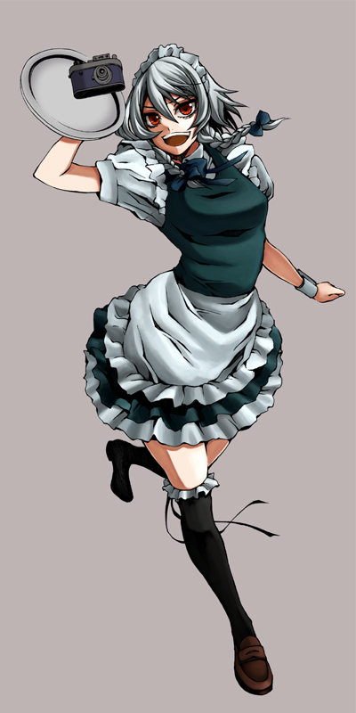 uousa-ou, izayoi sakuya, touhou, silver hair, 1girl, braid, camera, female focus, maid, short hair, solo, tray, twin braids, wrist cuffs