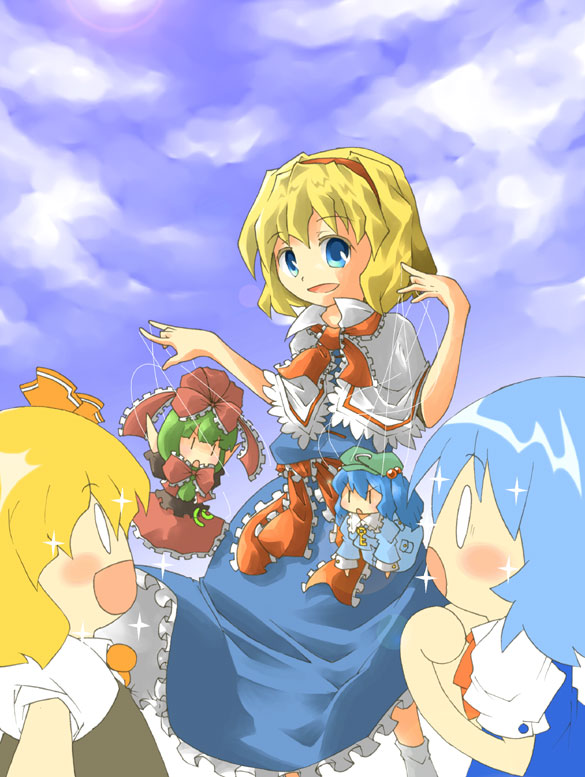 ara ta, harada (sansei rain), alice margatroid, cirno, kagiyama hina, kawashiro nitori, rumia, touhou, bad id, bad pixiv id, 3girls, blonde hair, blue eyes, blue hair, character doll, doll, female focus, front ponytail, green hair, hair ribbon, hairband, hat, key, multiple girls, o o, ribbon, short hair, string