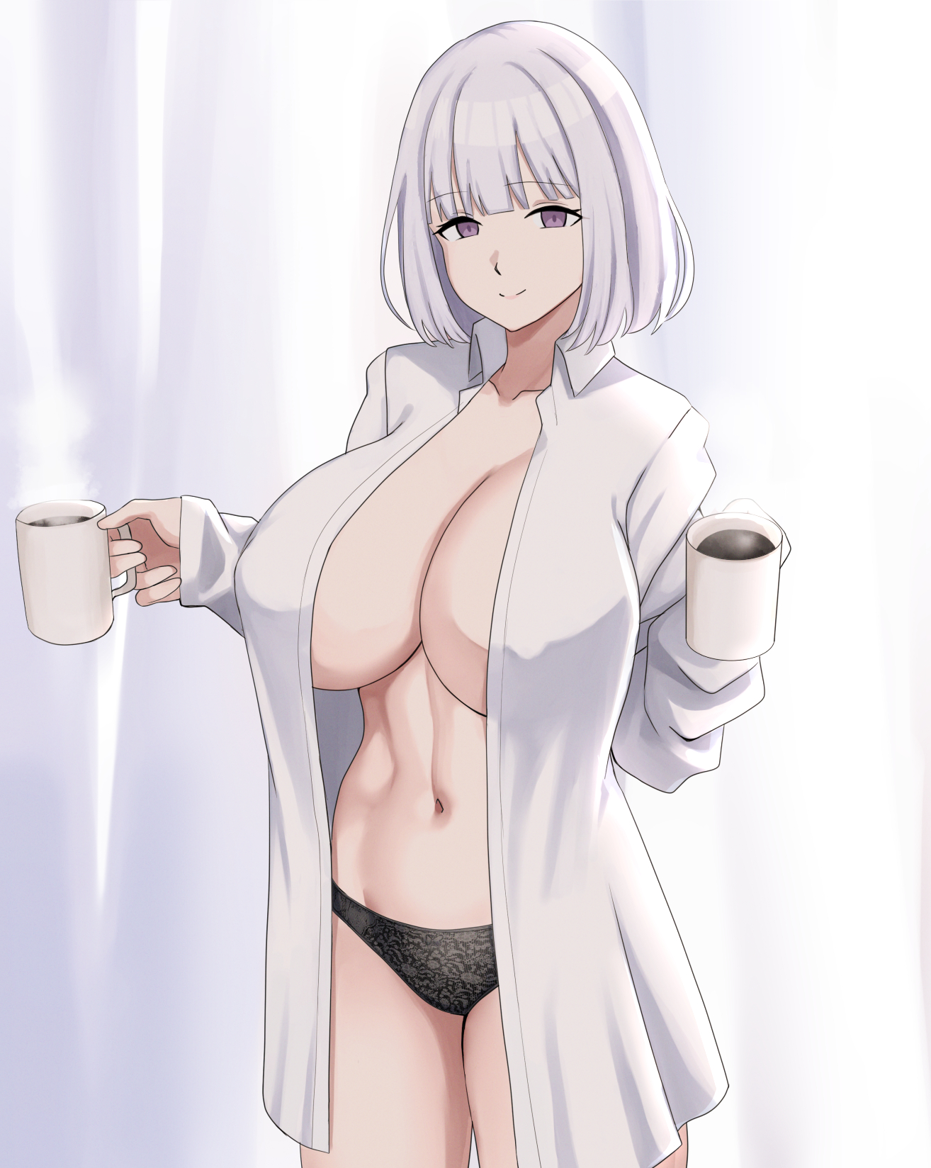 cyka, rpk-16 (girls' frontline), girls' frontline, highres, 1girl, breasts, cleavage, covered erect nipples, cup, grey hair, holding, holding cup, large breasts, looking at viewer, midriff, open clothes, open shirt, panties, purple eyes, shirt, short hair, smile, solo, underwear, white background