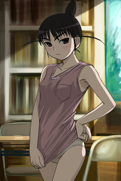 haruyama kazunori, ogiue chika, genshiken, 00s, 1girl, ahoge, armpits, black hair, blush, cameltoe, clothes pull, covering crotch, covering privates, female focus, flat chest, hand on own hip, hip focus, jewelry, necklace, no pants, panties, scowl, shirt, shirt pull, shirt tug, short hair, sleeveless, sleeveless shirt, solo, sunlight, topknot, underwear