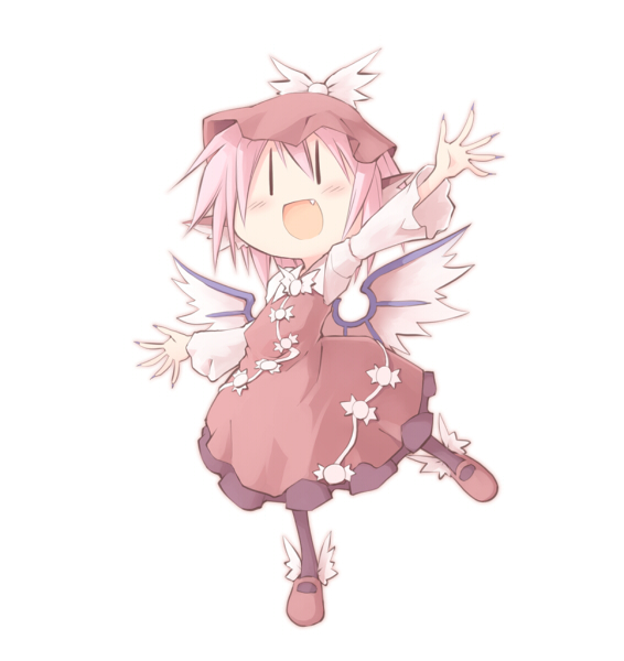 nekoguruma, mystia lorelei, touhou, 1girl, animal ears, chibi, fang, female focus, full body, hat, pink hair, simple background, solo, white background, wings, | |