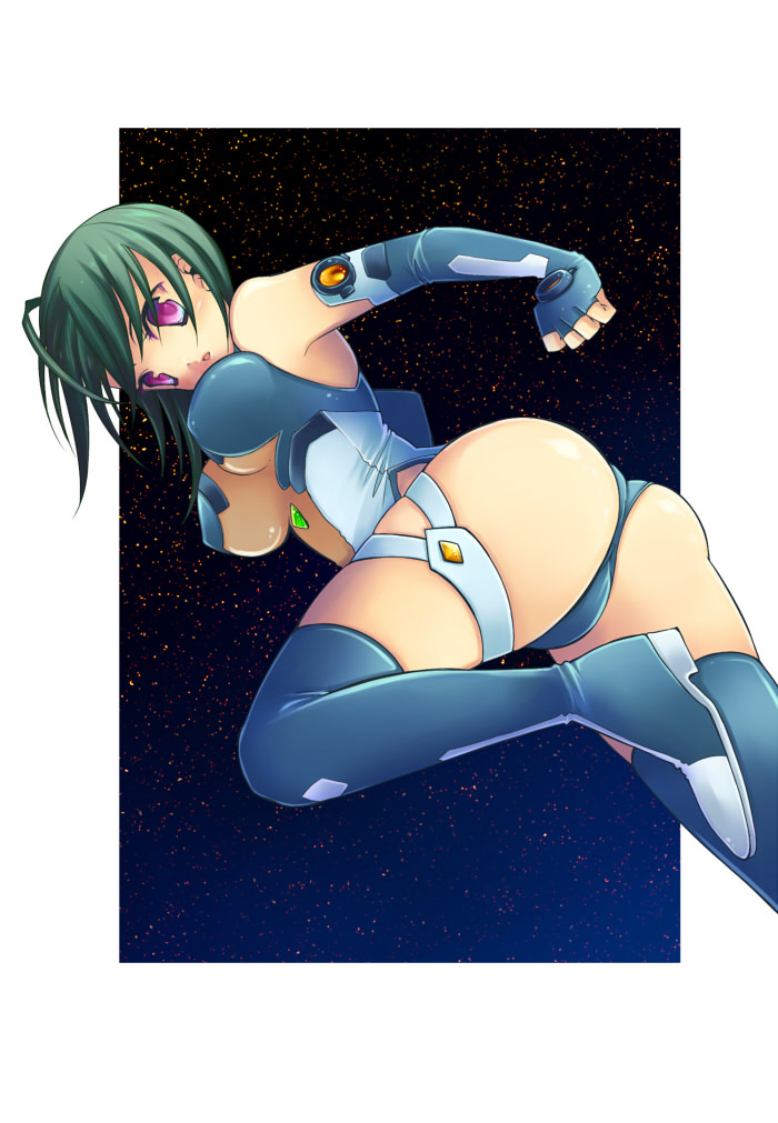 toriumi itachi, kannagi itsuki, sora wo kakeru shoujo, 00s, 1girl, ass, boots, breasts, cameltoe, elbow gloves, female focus, fingerless gloves, gloves, green hair, large breasts, leotard, night, purple eyes, solo, underboob