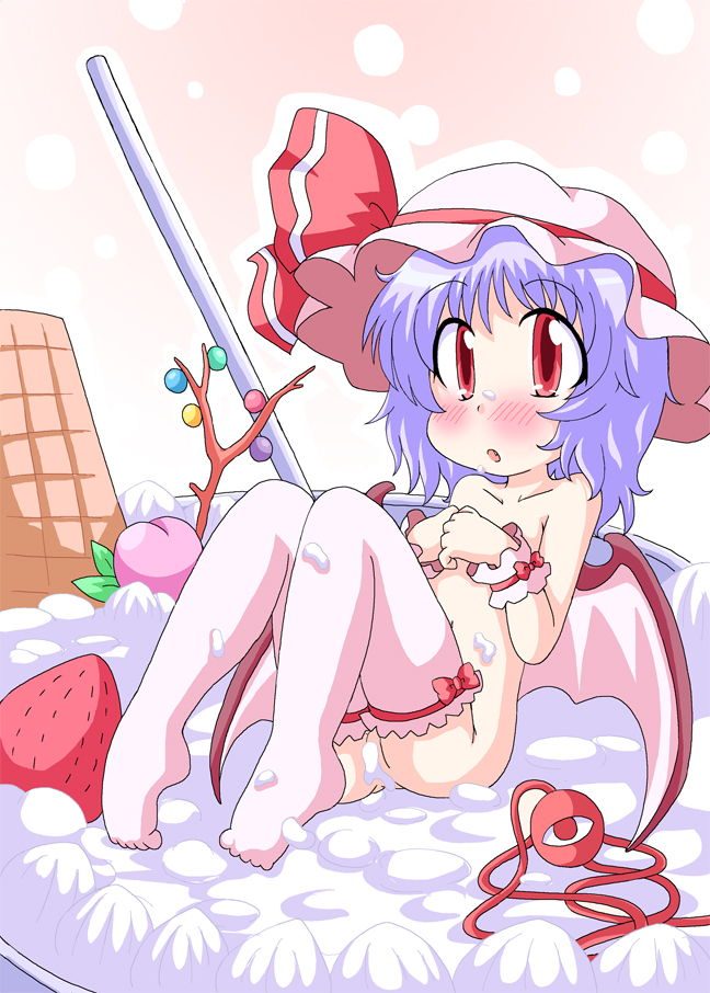 geetsu, remilia scarlet, touhou, 1girl, bat wings, blue hair, blush, cuffs, feet, female focus, food, fruit, full body, gradient background, hat, nude, peach, red eyes, ribbon, solo, strawberry, thighhighs, white background, wings, wrist cuffs