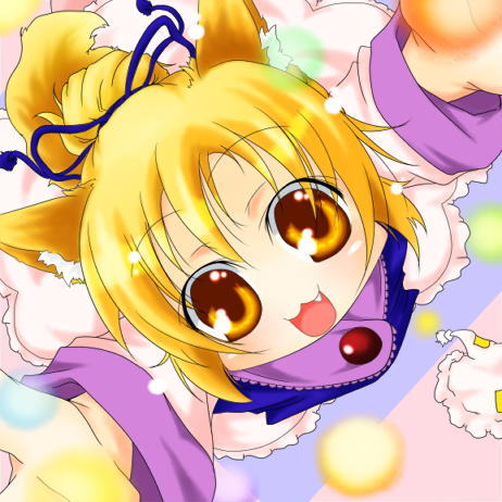 haruyonoto, sekisyoku2, yakumo ran, touhou, lowres, 1girl, :3, :d, aged down, alternate hairstyle, animal ears, animal hat, blonde hair, fang, female focus, fox ears, fox tail, from above, hat, long sleeves, looking at viewer, mob cap, no headwear, open mouth, ponytail, short hair, smile, solo, tail, unworn hat, unworn headwear, yellow eyes