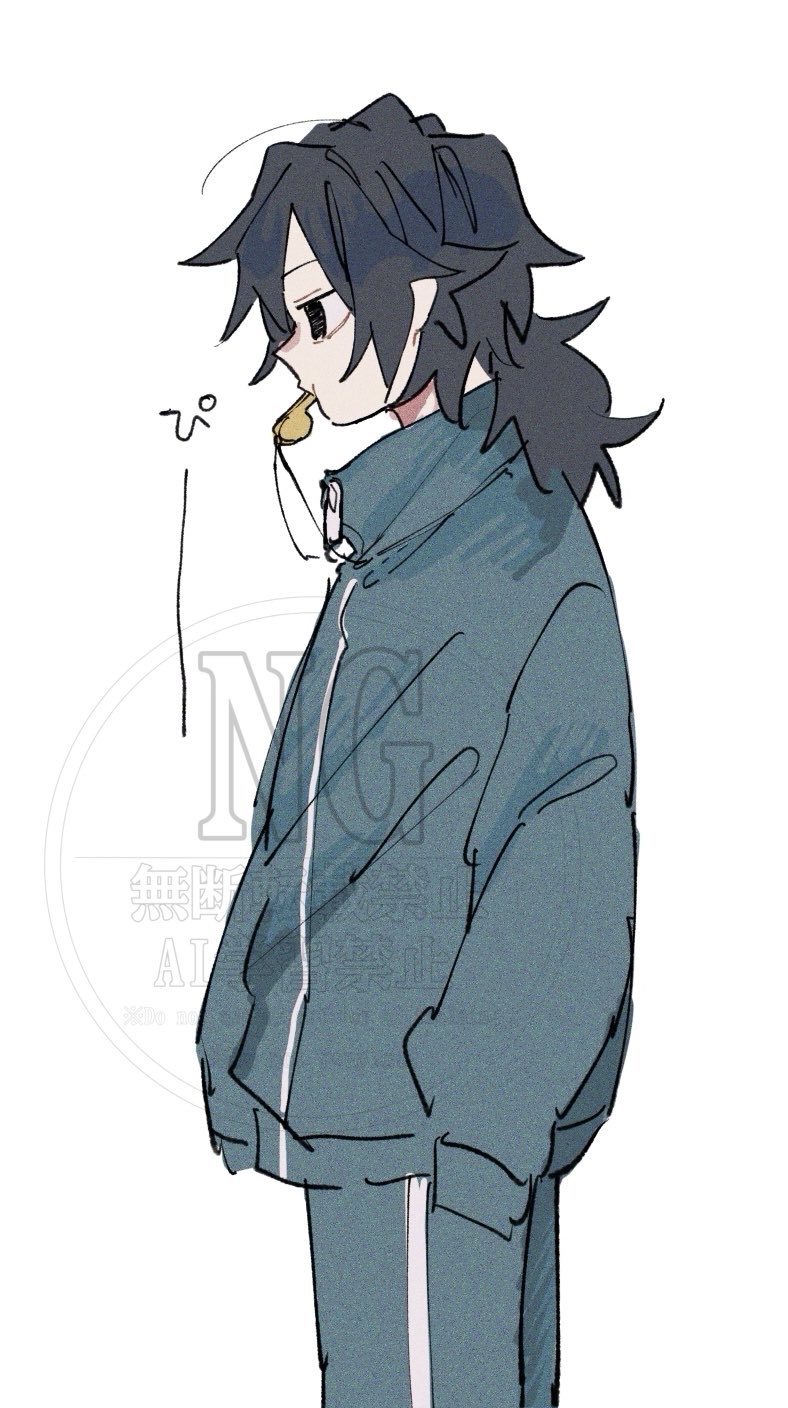 tomioka giyuu, kimetsu no yaiba, highres, 1boy, alternate costume, black hair, blue jacket, blue pants, jacket, low ponytail, male focus, messy hair, mouth hold, pants, ponytail, profile, shindoiyugi, simple background, sleeves past fingers, sleeves past wrists, solo, spiked hair, standing, whistle, white background, zipper pull tab