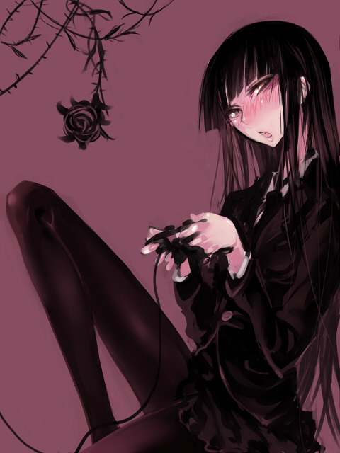 z-ton, female protagonist (houkago play), houkago play, bad id, bad pixiv id, 1girl, black flower, black hair, black pantyhose, black rose, blush, controller, dualshock, female focus, flower, game controller, gamepad, long hair, pantyhose, playing games, playstation controller, rose, solo, very long hair, video game