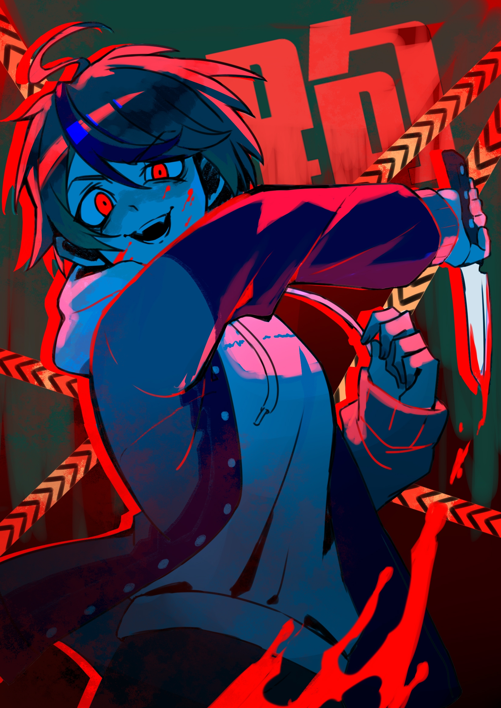 sumino takumi, the hundred line -last defense academy-, chinese commentary, commentary request, highres, spoilers, 1boy, aiyanyu, blood, blood on face, bloody weapon, caution tape, cowboy shot, holding, holding knife, hood, hood down, jacket, jacket over hoodie, knife, long sleeves, male focus, multicolored hair, official alternate eye color, open clothes, open jacket, open mouth, red eyes, red light, smile, solo, streaked hair, two-tone hair, uneven eyes, weapon