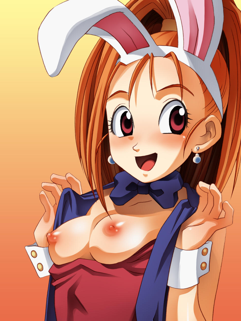 barbara (dq6), dragon quest, dragon quest vi, highres, 1girl, animal ears, blush, breasts, cuffs, female focus, nipples, orange hair, rabbit ears, solo