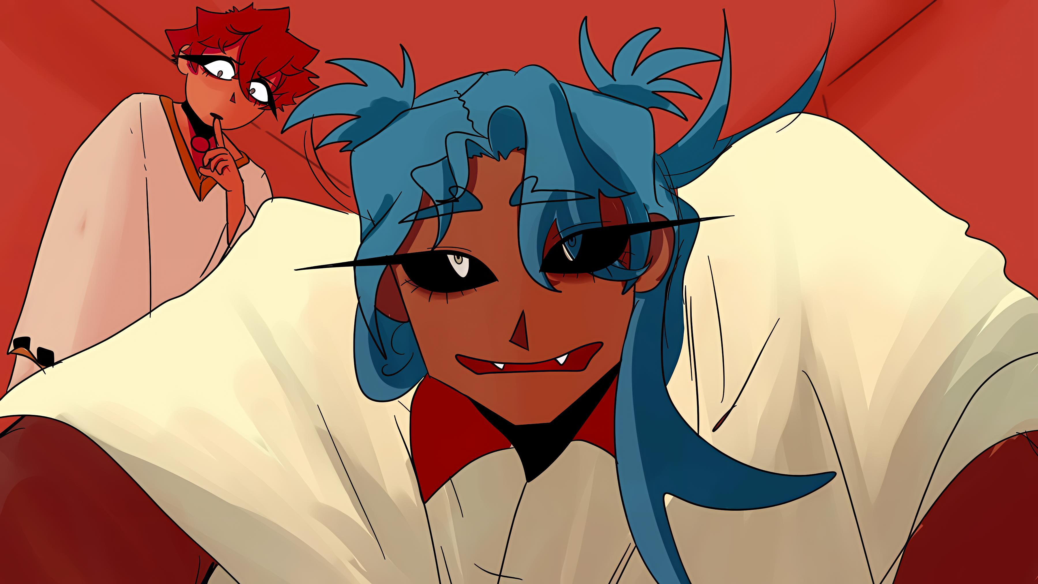 2boys, blue hair, dark-skinned male, dark skin, long hair, looking at viewer, male focus, multiple boys, quinque (to eat a god), red background, to eat a god, video game, visual novel, yellow eyed