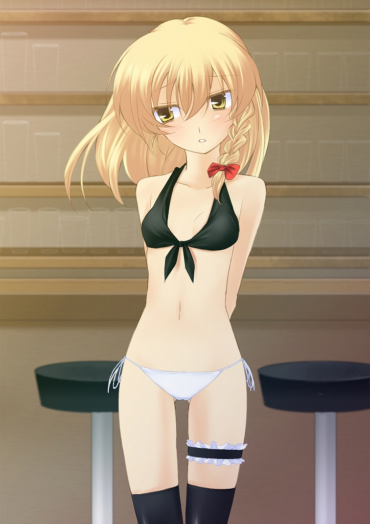 nigo (aozoragarou), kirisame marisa, touhou, non-web source, 1girl, blonde hair, blush, bra, braid, female focus, frilled thigh strap, lingerie, loli, panties, short hair, solo, thigh strap, thighhighs, underwear, underwear only, yellow eyes