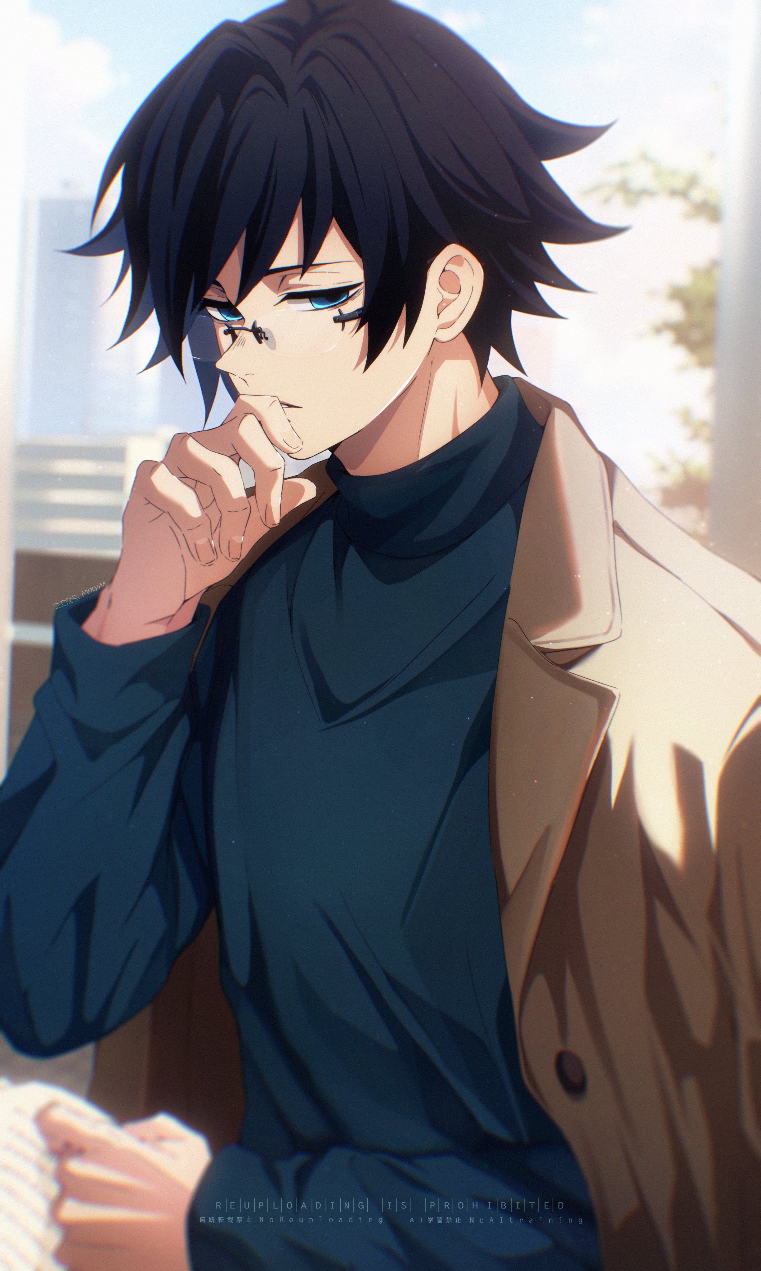 may (illust man 2020), tomioka giyuu, kimetsu no yaiba, absurdres, highres, 1boy, alternate costume, alternate hair length, alternate hairstyle, blue eyes, blue shirt, brown coat, coat, english text, half-closed eyes, hand up, long sleeves, looking at viewer, male focus, outdoors, parted lips, shirt, short hair, solo, teeth