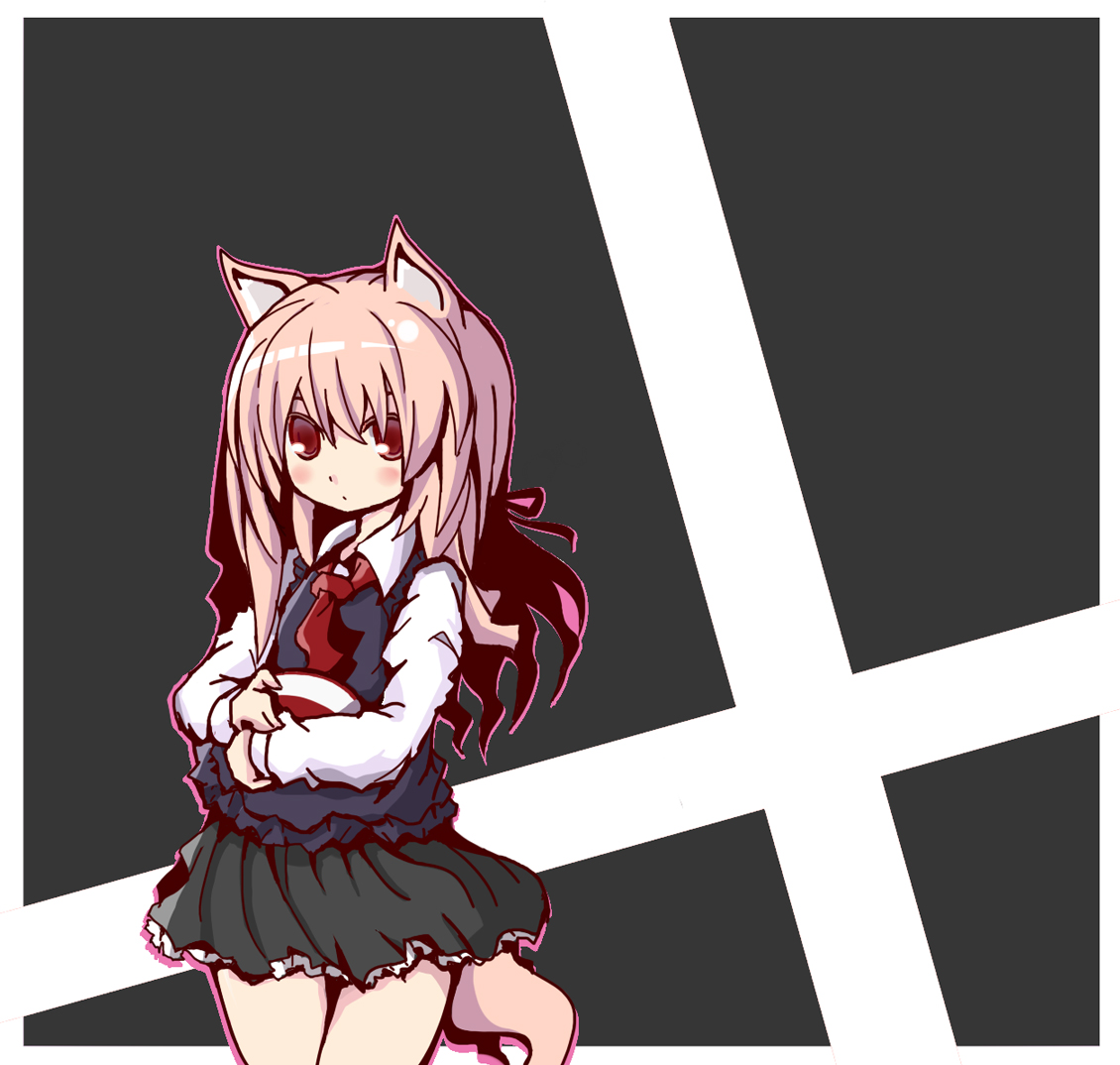 shio poteto, animal ears, bowl, brown hair, hair ribbon, long hair, red eyes, ribbon, school uniform, solo, tail, thighhighs