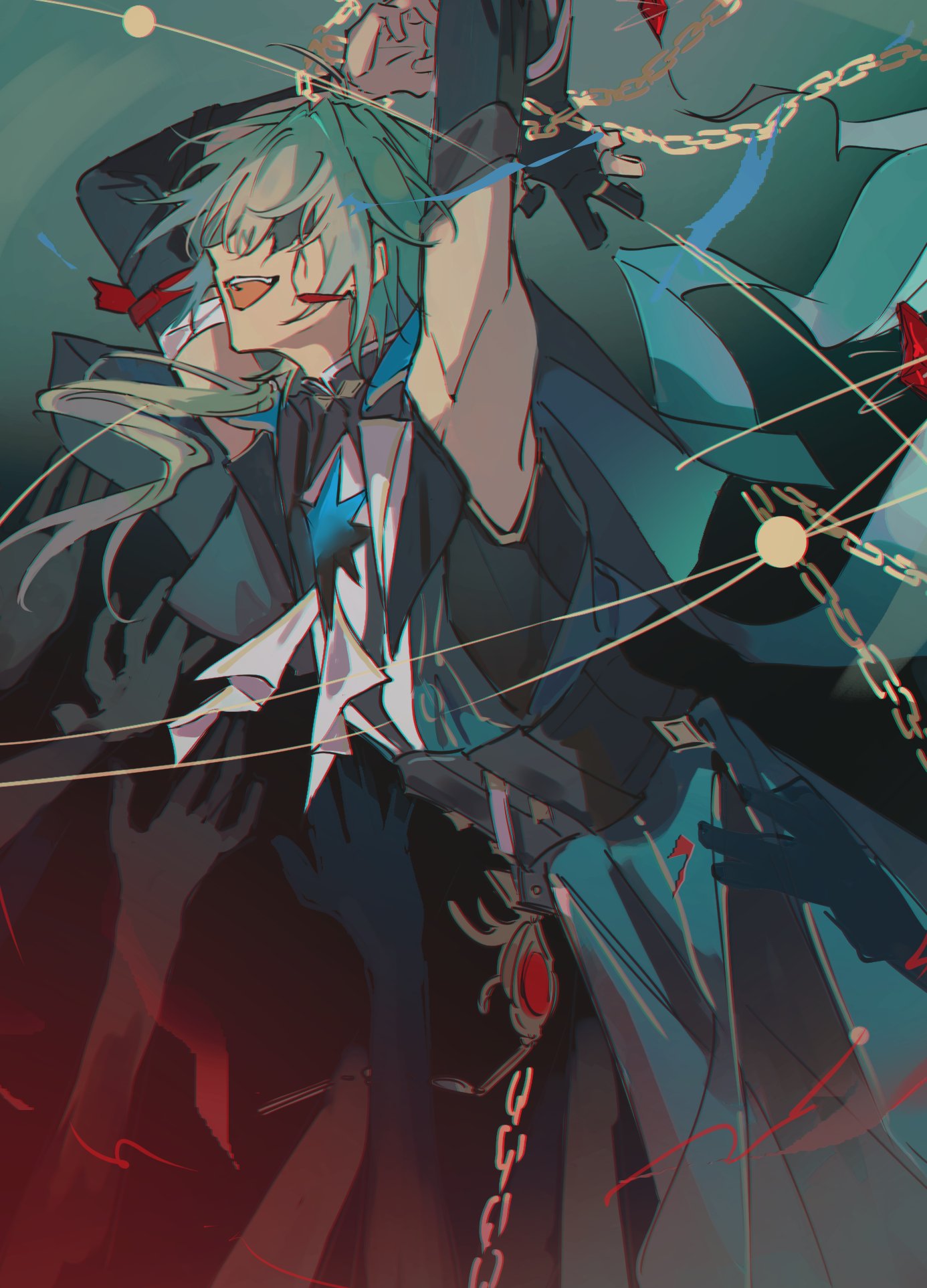 rhm ooo, anaxa (honkai: star rail), honkai: star rail, honkai (series), highres, 1boy, aqua hair, armpits, arms up, chain, cracked skin, earrings, gem, hair between eyes, hair intakes, jewelry, lapels, male focus, mandarin collar, medium hair, notched lapels, open mouth, red gemstone, shirt, side ponytail, single earring, smile, solo, white shirt