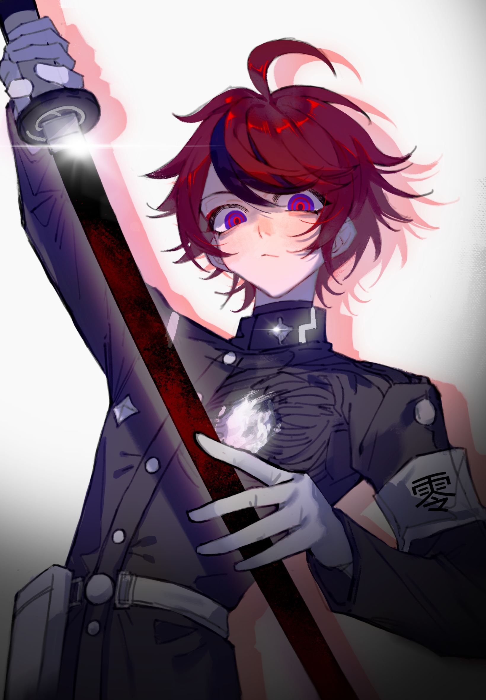 sumino takumi, the hundred line -last defense academy-, chinese commentary, commentary request, highres, 1boy, ahoge, armband, belt, belt pouch, black hair, black jacket, blue eyes, buttons, closed mouth, drop shadow, eyeliner, gakuran, glint, gloves, high collar, holding, holding sword, holding weapon, hole in chest, hole on body, jacket, last defense academy school uniform, long sleeves, makeup, male focus, multicolored hair, pouch, red eyeliner, red hair, ringed eyes, school uniform, short hair, solo, streaked hair, swept bangs, sword, two-tone hair, upper body, weapon, white armband, white belt, white gloves, yungu781