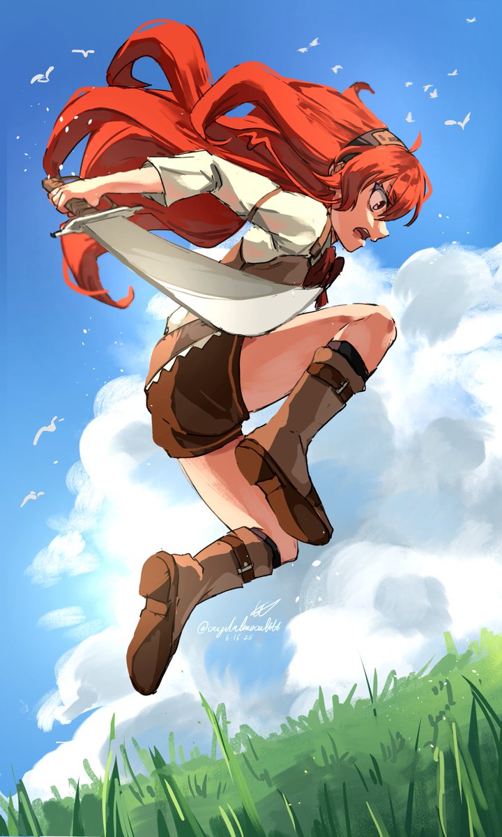 crystalmoonlitt, eris greyrat, mushoku tensei, highres, 1girl, ahoge, bandana, bird, blue sky, cloud, grass, holding, holding sword, holding weapon, jumping, open mouth, red eyes, red hair, sky, sword, weapon