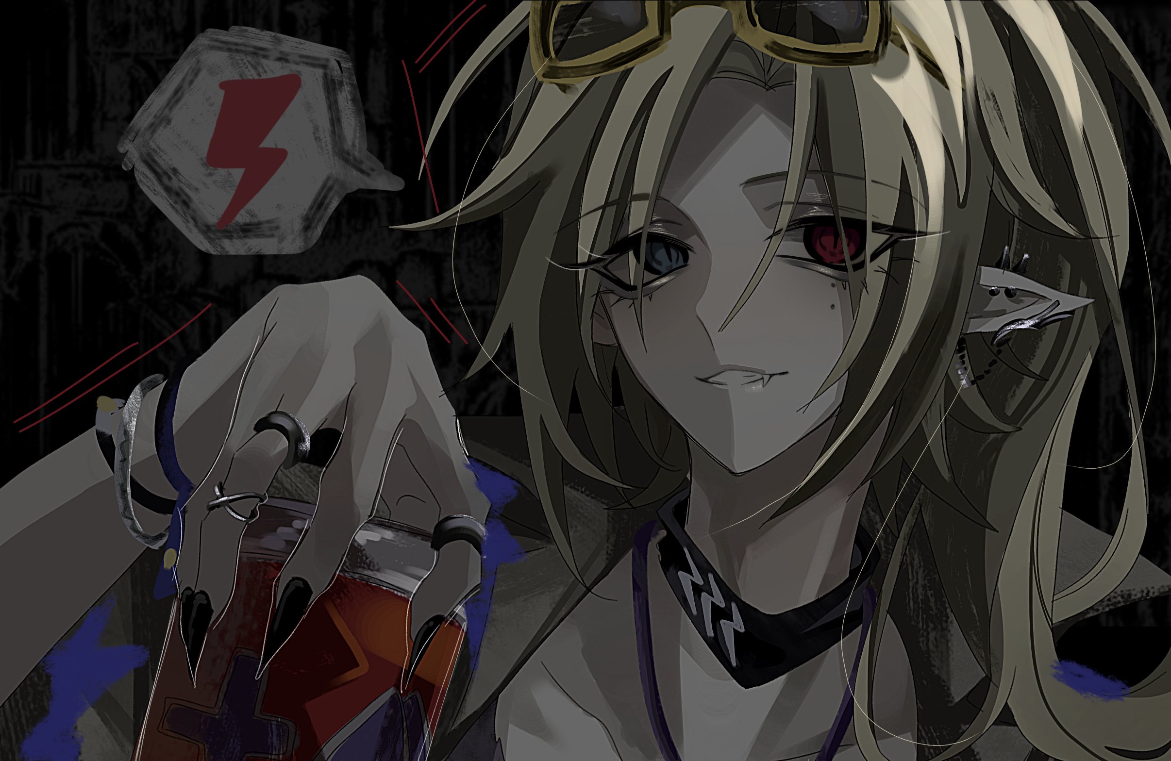 hugo vlad, zenless zone zero, hashtag-only commentary, highres, 0w0 back, 1boy, black background, black nails, blonde hair, bracelet, brown jacket, can, collar, collarbone, drink, drink can, ear piercing, fang, grey eyes, hair between eyes, hair over one eye, heterochromia, holding, holding drink, jacket, jewelry, lightning bolt symbol, long hair, looking at viewer, male focus, mole, mole under eye, multiple rings, necklace, piercing, pointy ears, red eyes, ring, solo, tinted eyewear, yellow-framed eyewear