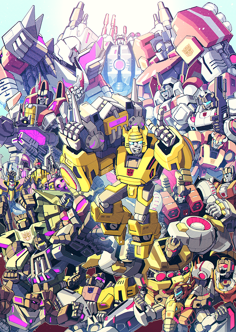 borezet, blast off (transformers), brawl (transformers), bumblebee (transformers), cliffjumper, grimlock, insecticon, jazz (transformers), jetfire, megatron, metroplex, onslaught (transformers), optimus prime, shockwave (transformers), slag (transformers), soundwave (transformers), starscream, swindle (transformers), swoop (transformers), vortex (transformers), transformers, transformers: fall of cybertron, arm cannon, assault visor, autobot, blue eyes, boombox, combaticon, crowd, decepticon, horns, humanoid robot, insignia, machine, mecha, one-eyed, purple visor, red visor, robot, science fiction, weapon