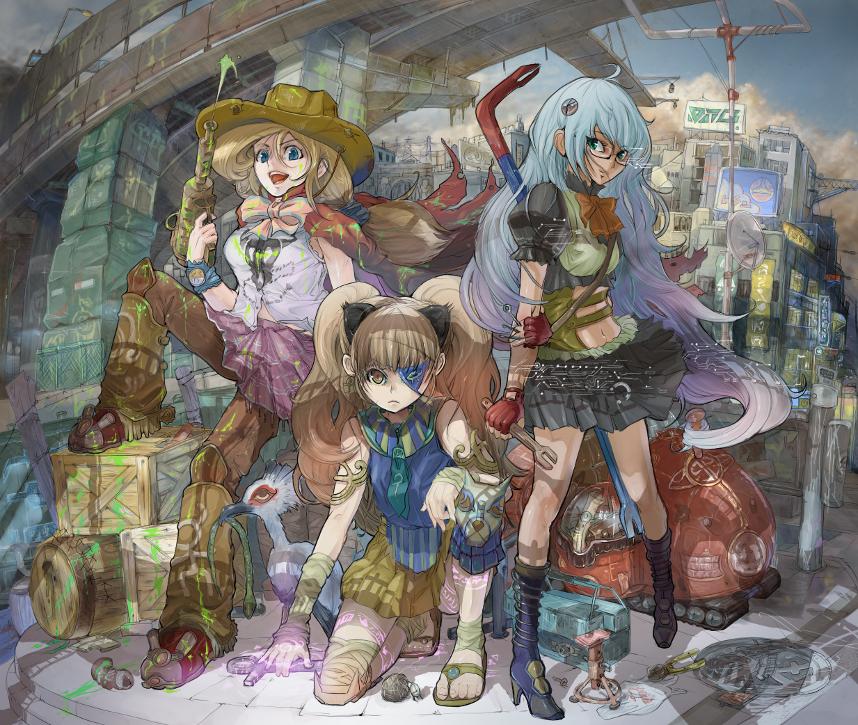 maruki, maruki (nanana), original, bad id, bad pixiv id, :<, bird, blonde hair, blue eyes, blue hair, bow, bridge, brown hair, building, city, cityscape, cloud, eyepatch, glasses, gun, hat, high heels, lamppost, landscape, necktie, power lines, scenery, shoes, sign, sky, smile, thighhighs, weapon, wrench